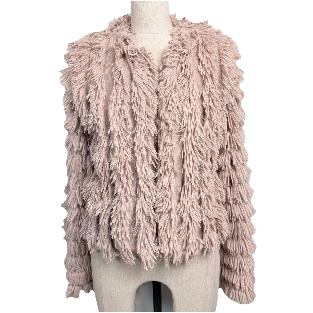 Greylin Faux Fur Shaggy Jacket Beige Hook N Eye Closure Cozy Statement S‎